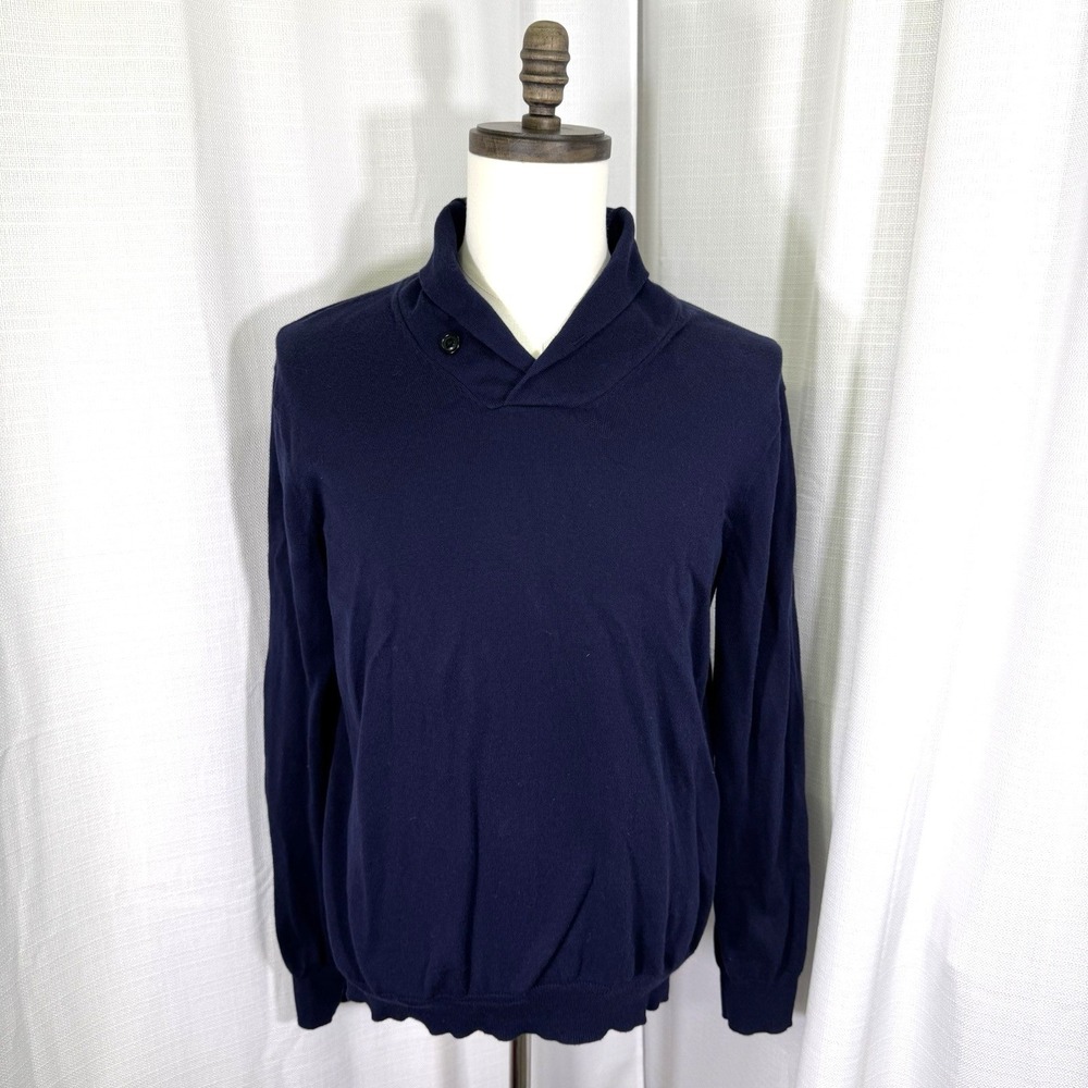 J. Crew Men's Large Cotton Cashmere Blend Sweater Shawl Collar Pullover Blue